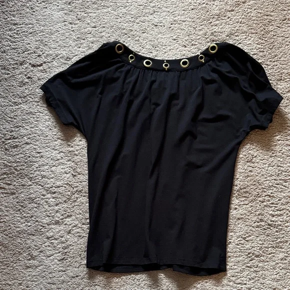 INC brand Black Short Sleeve Top with Gold Eyelet V-Neckline. Size Small - Picture 12 of 12